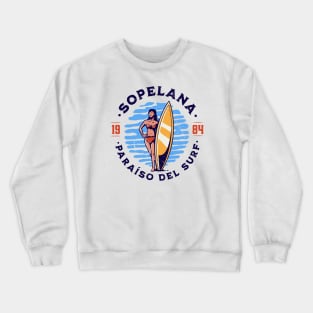 Vintage Sopelana, Spain Surfer's Paradise // Retro Surfing 1980s Badge B Crewneck Sweatshirt